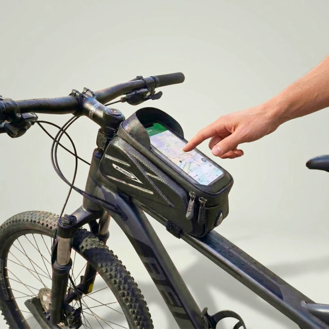 Sacoche de cadre vélo Spokiq avec support tactile pour smartphone et visière pare-soleil.
