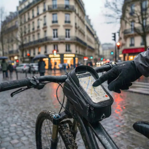 Sacoche vélo étanche avec support smartphone et fenêtre tactile pour navigation sous la pluie.