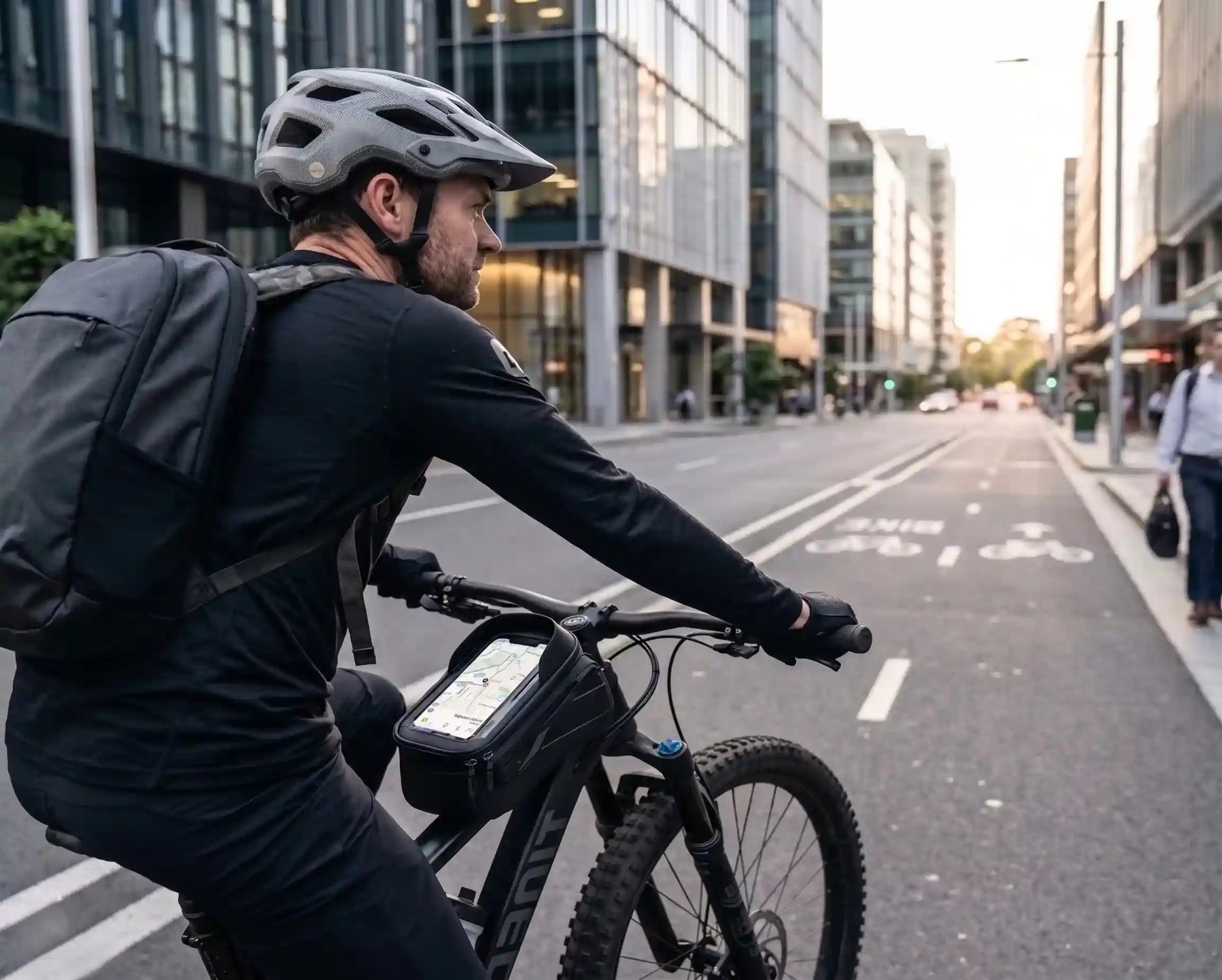 Cycliste en ville utilisant une sacoche de cadre avec support smartphone pour la navigation urbaine.