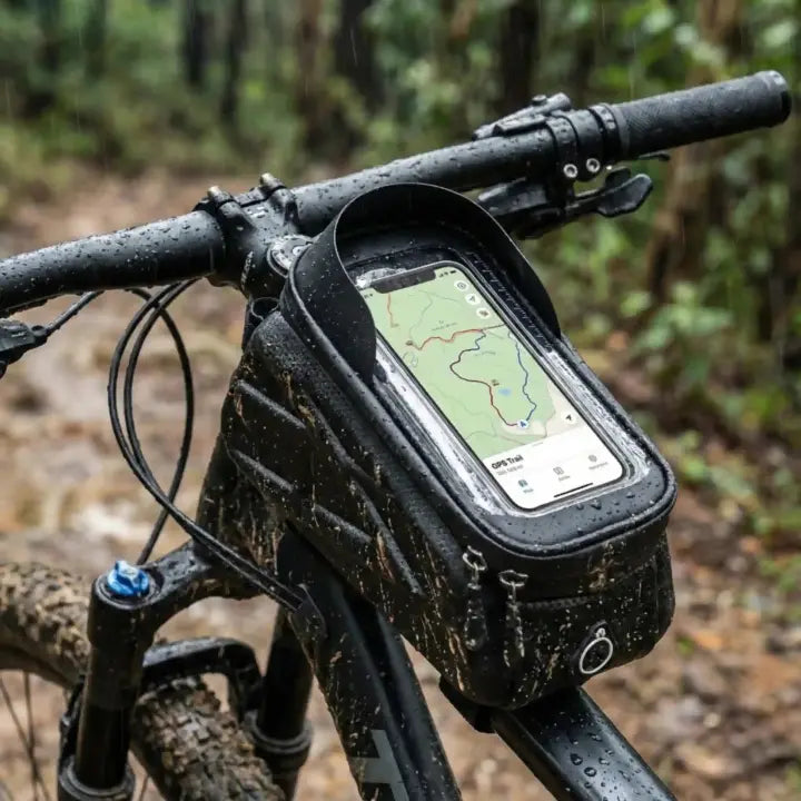 Sacoche de cadre VTT étanche contre la pluie et la boue avec écran tactile pour navigation GPS.
