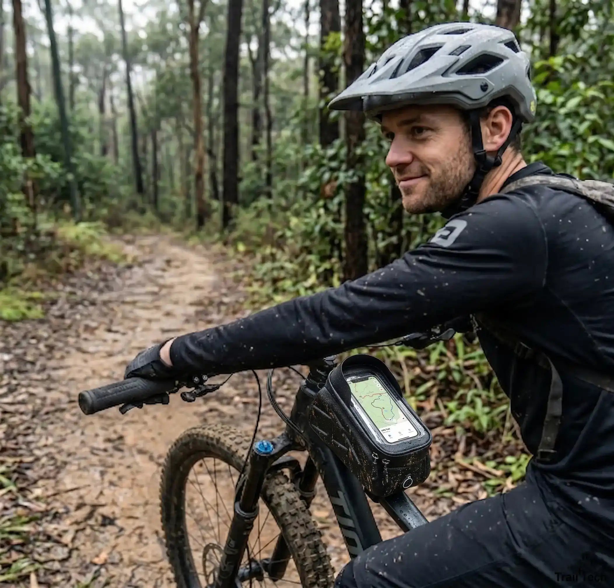 Sacoche de cadre VTT pour randonnée en forêt avec guidage GPS sur smartphone.